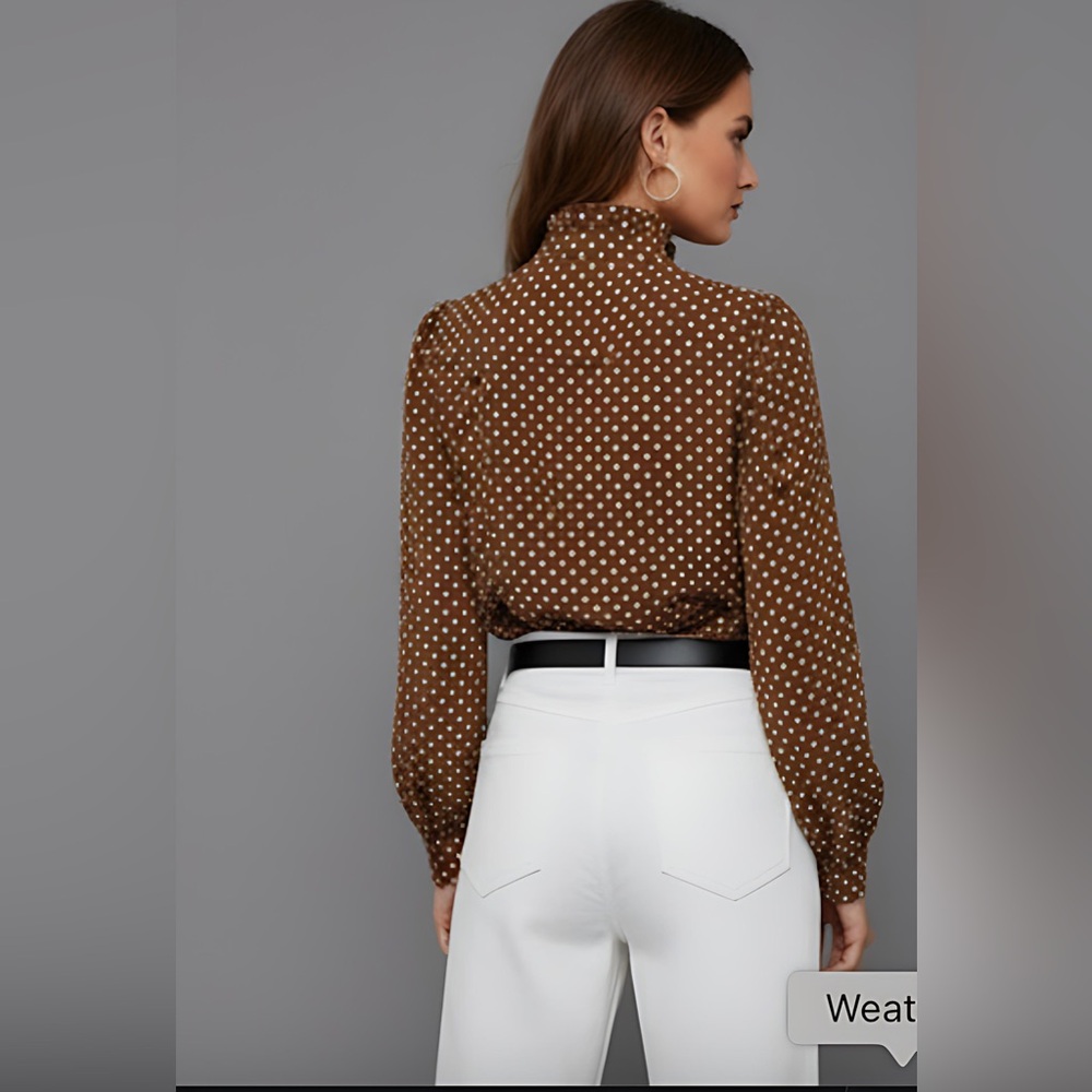 Polka Dot Ruffle Trim Blouse Brown - Picture 4 of 9